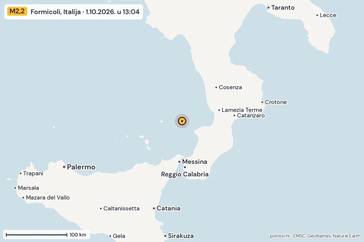 Karta: šire područje, 600 km, potres M2,2, Formicoli, Italija, 1.10.2026.