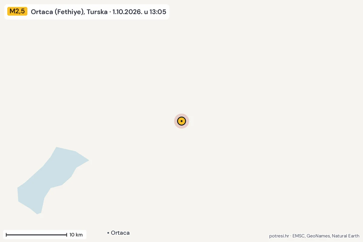 Karta: okolica epicentra, 60 km, potres M2,5, Ortaca (Fethiye), Turska, 1.10.2026.