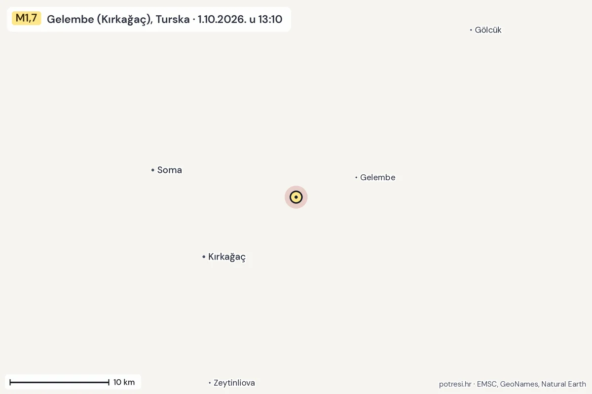 Karta: okolica epicentra, 60 km, potres M1,7, Gelembe (Kırkağaç), Turska, 1.10.2026.