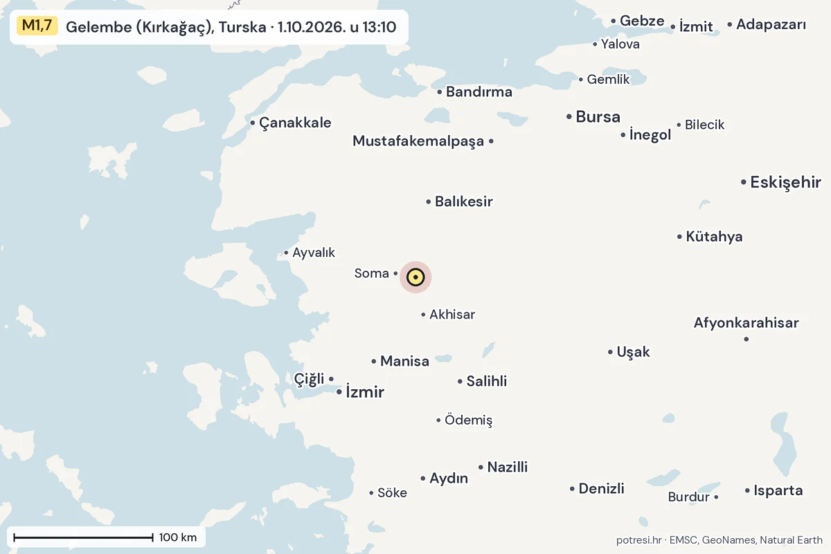 Karta: šire područje, 600 km, potres M1,7, Gelembe (Kırkağaç), Turska, 1.10.2026.