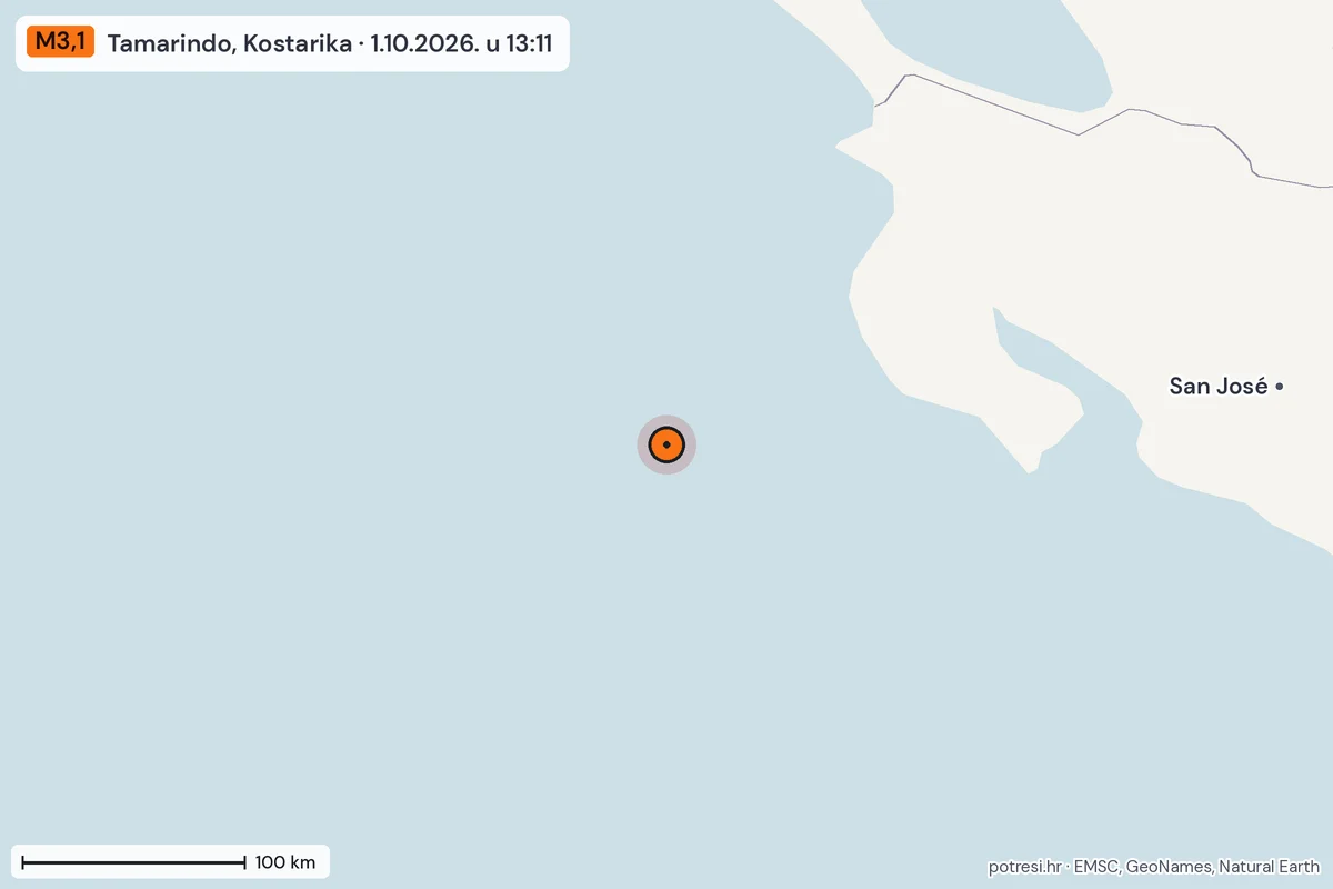 Karta: šire područje, 600 km, potres M3,1, Tamarindo, Kostarika, 1.10.2026.