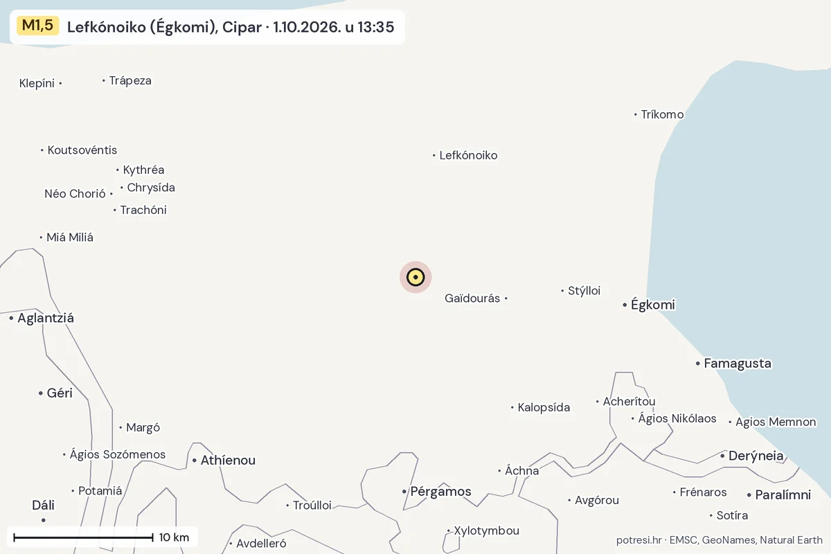 Karta: okolica epicentra, 60 km, potres M1,5, Lefkónoiko (Égkomi), Cipar, 1.10.2026.