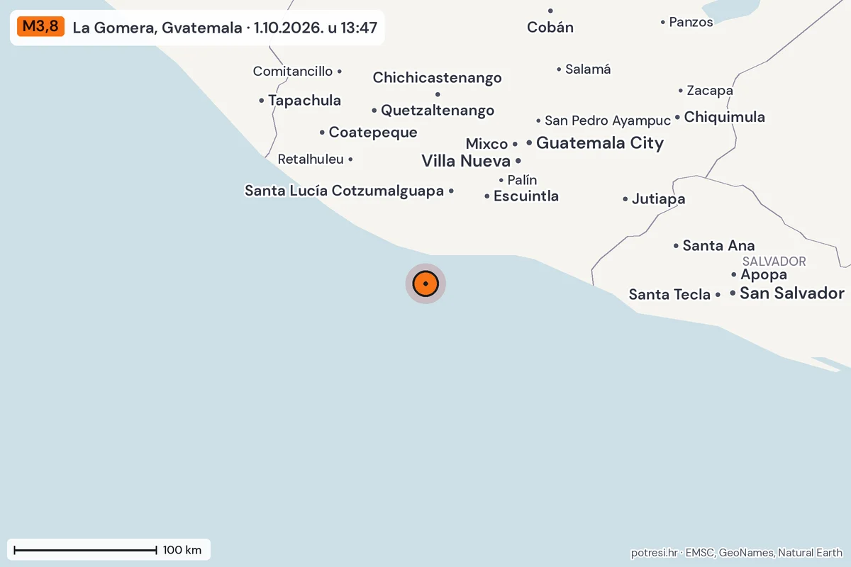 Karta: šire područje, 600 km, potres M3,8, La Gomera, Gvatemala, 1.10.2026.