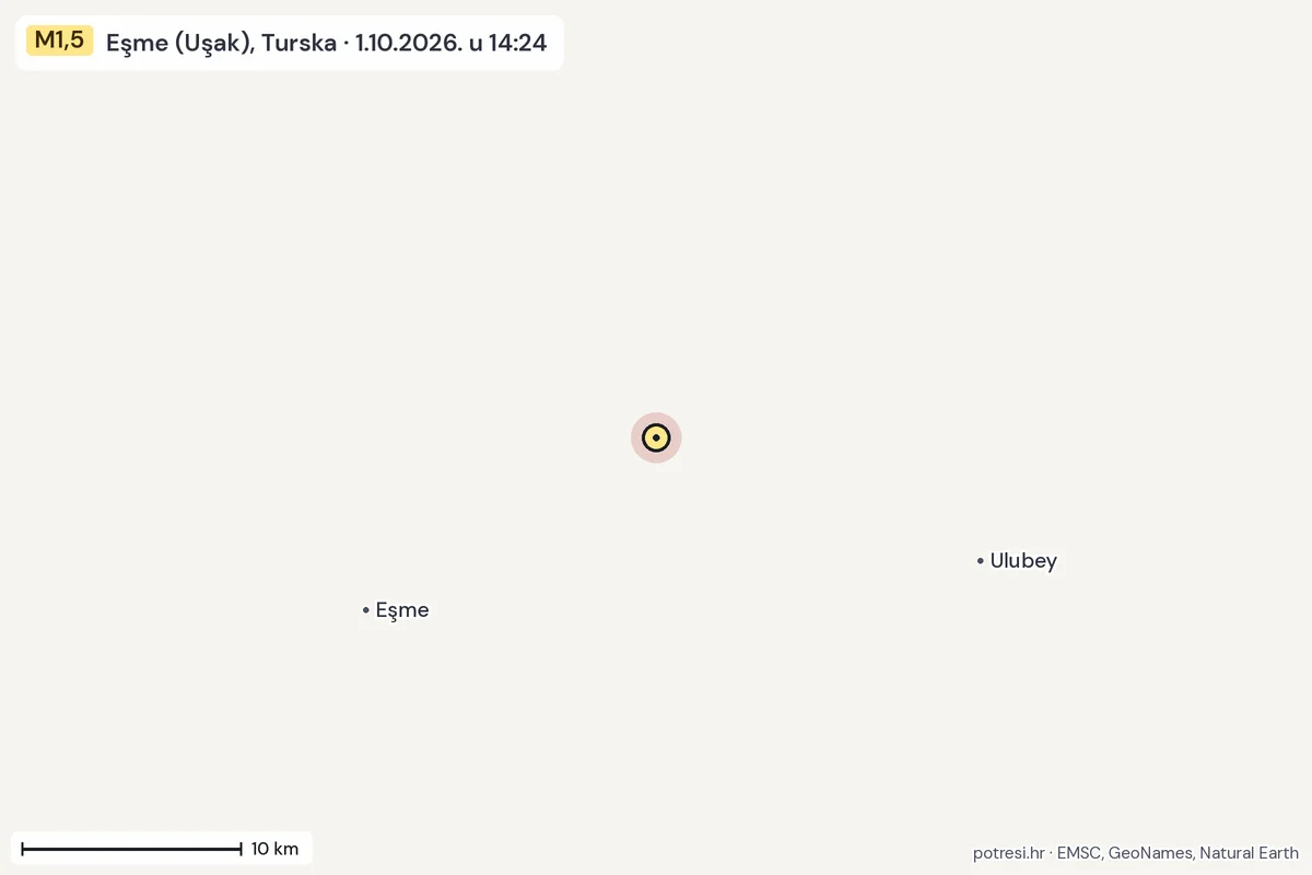 Karta: okolica epicentra, 60 km, potres M1,5, Eşme (Uşak), Turska, 1.10.2026.