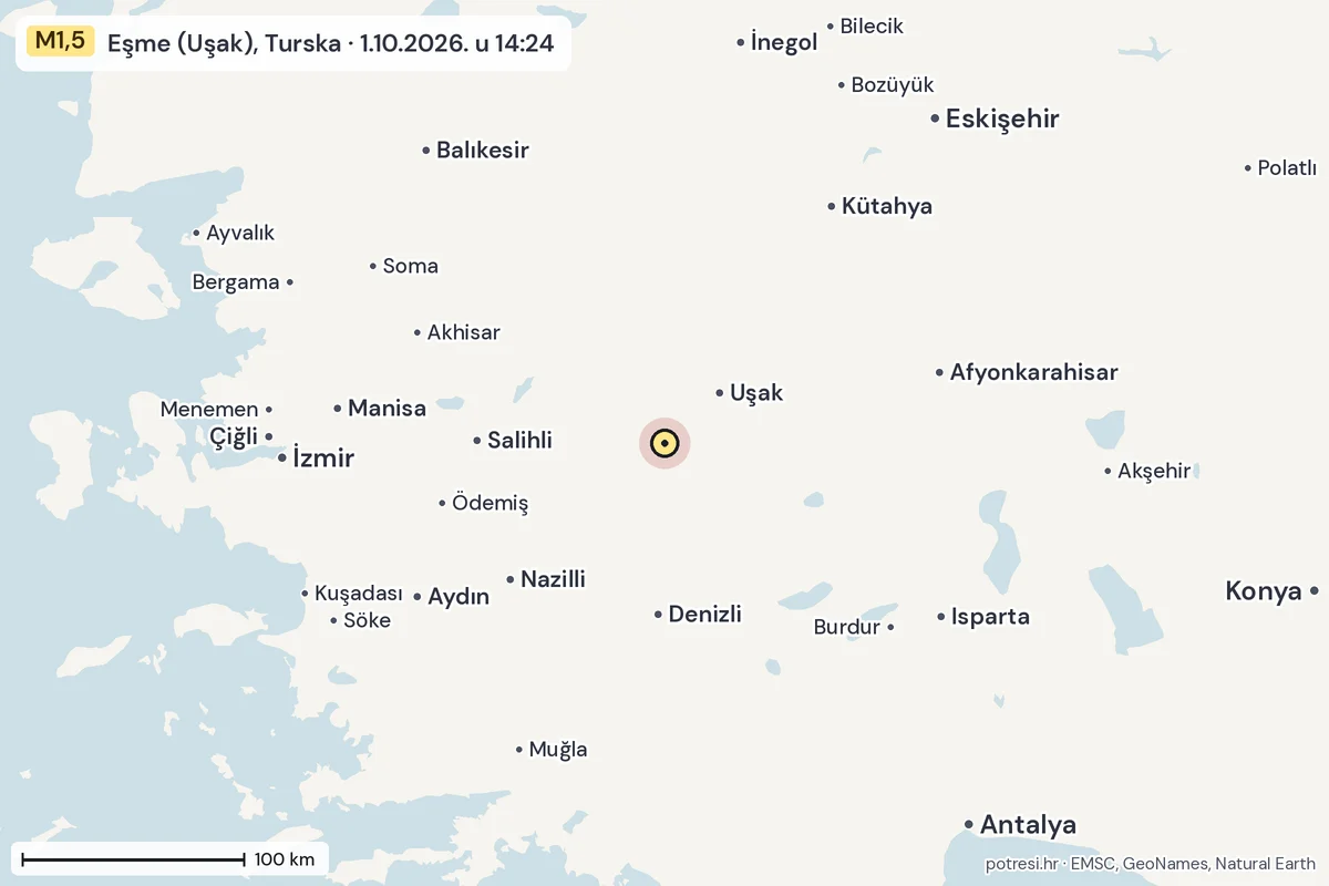 Karta: šire područje, 600 km, potres M1,5, Eşme (Uşak), Turska, 1.10.2026.