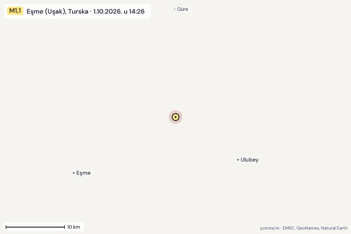 Karta: okolica epicentra, 60 km, potres M1,1, Eşme (Uşak), Turska, 1.10.2026.
