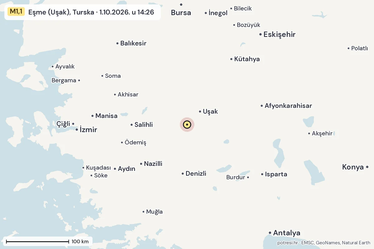 Karta: šire područje, 600 km, potres M1,1, Eşme (Uşak), Turska, 1.10.2026.