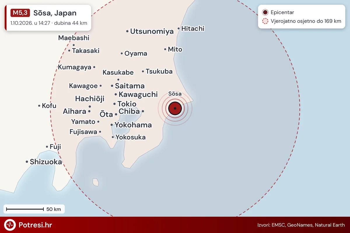 Karta: šire područje i vjerojatni doseg osjeta, potres M5,3, Sōsa, Japan, 1.10.2026.