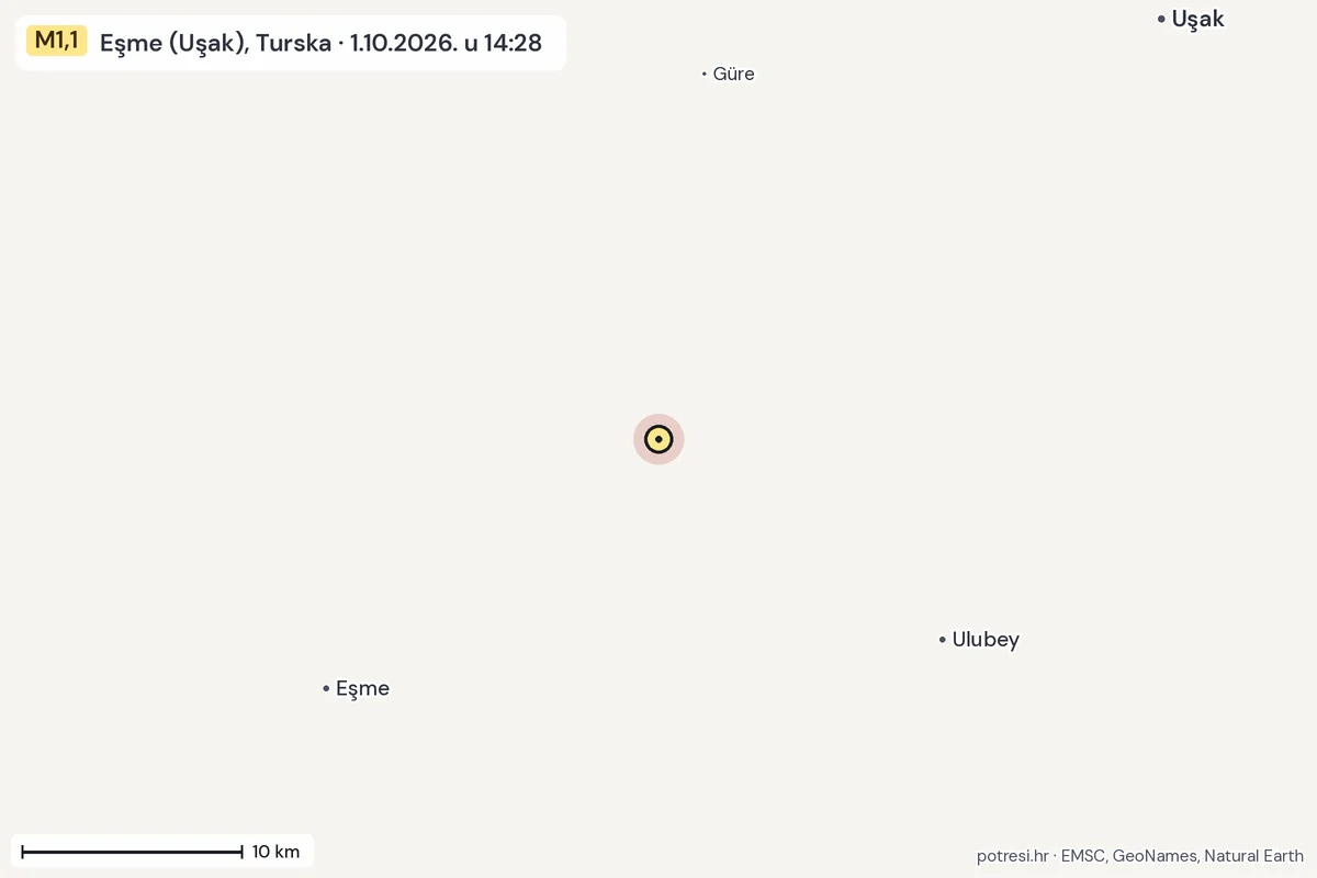 Karta: okolica epicentra, 60 km, potres M1,1, Eşme (Uşak), Turska, 1.10.2026.