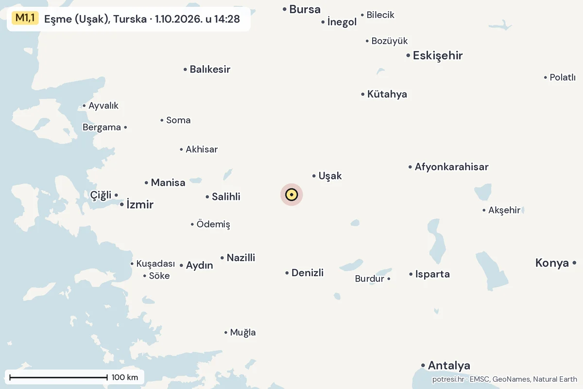 Karta: šire područje, 600 km, potres M1,1, Eşme (Uşak), Turska, 1.10.2026.