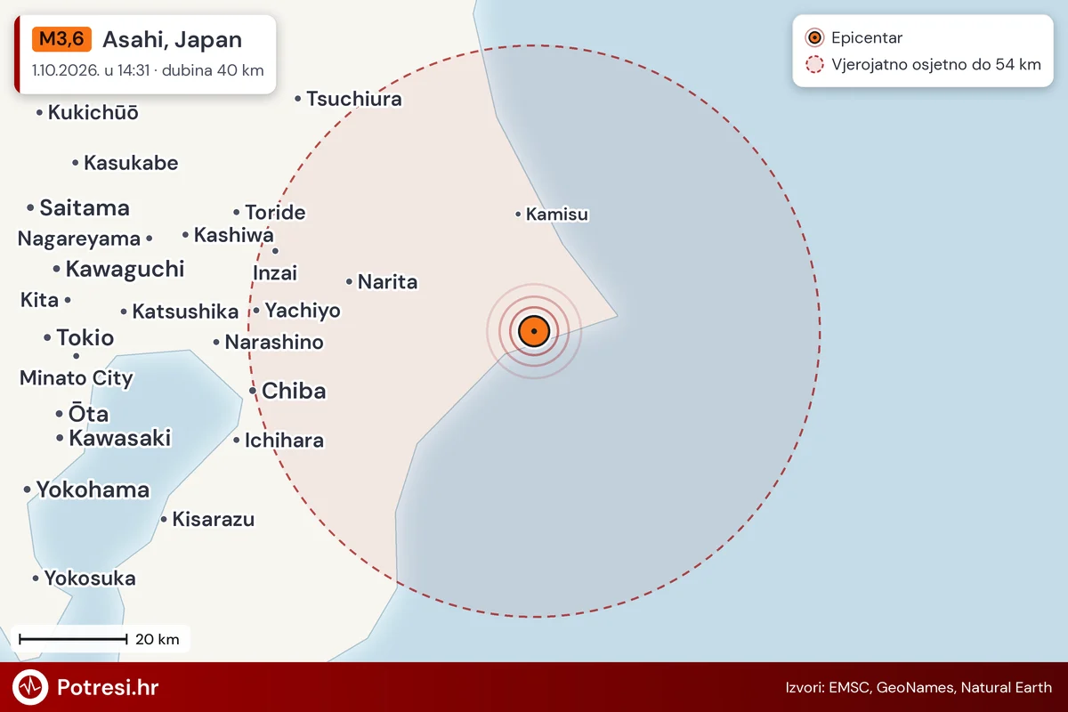 Karta: šire područje i vjerojatni doseg osjeta, potres M3,6, Asahi, Japan, 1.10.2026.