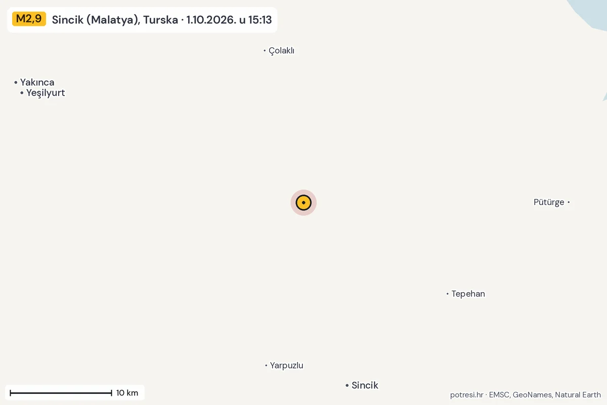 Karta: okolica epicentra, 60 km, potres M2,9, Sincik (Malatya), Turska, 1.10.2026.