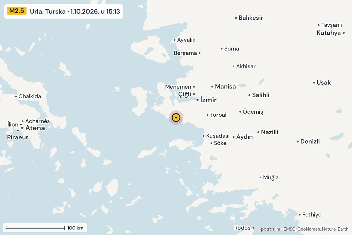 Karta: šire područje, 600 km, potres M2,5, Urla, Turska, 1.10.2026.