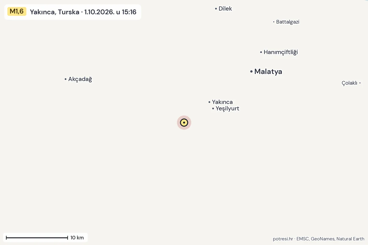 Karta: okolica epicentra, 60 km, potres M1,6, Yakınca, Turska, 1.10.2026.