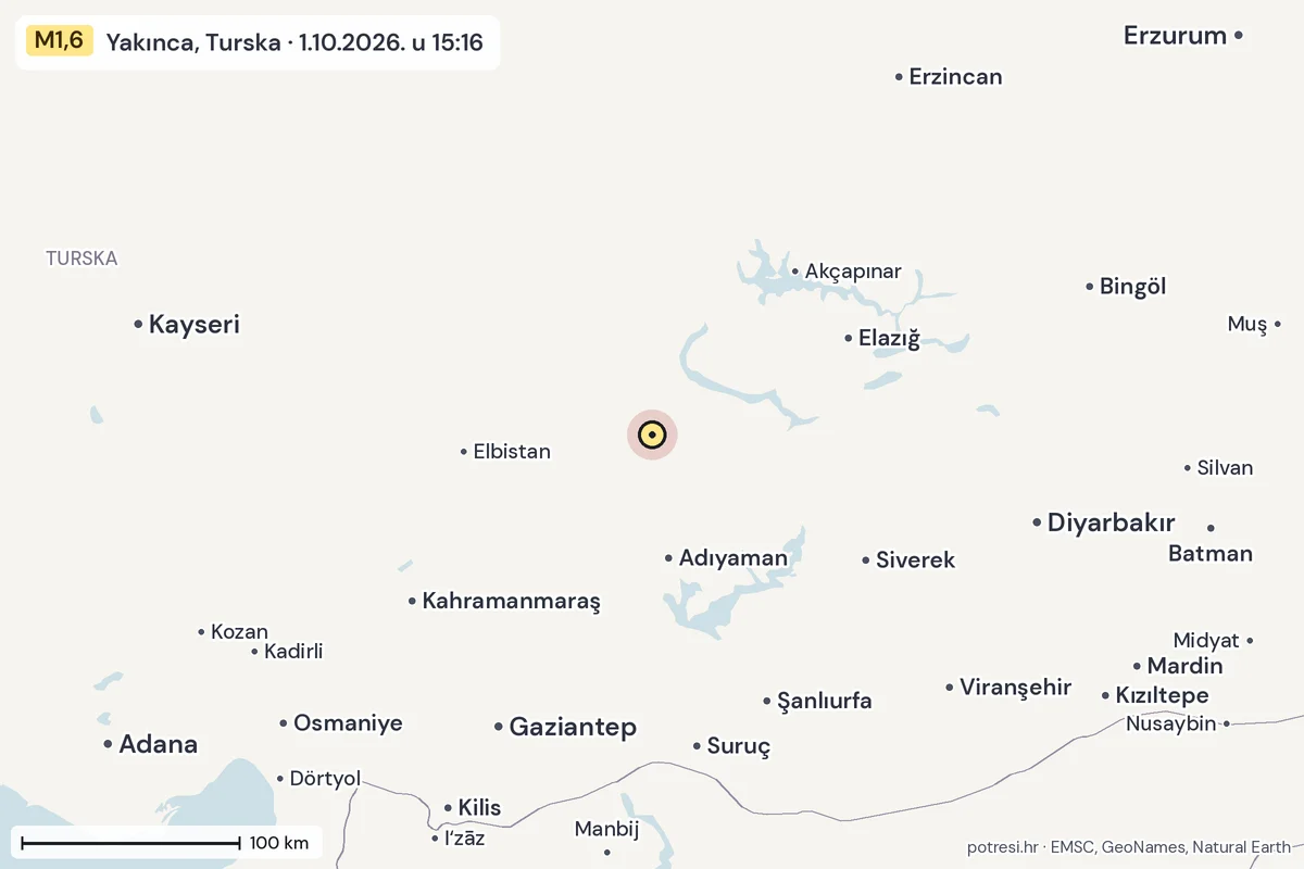 Karta: šire područje, 600 km, potres M1,6, Yakınca, Turska, 1.10.2026.