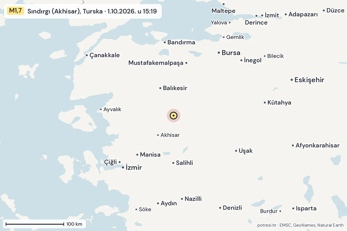 Karta: šire područje, 600 km, potres M1,7, Sındırgı (Akhisar), Turska, 1.10.2026.