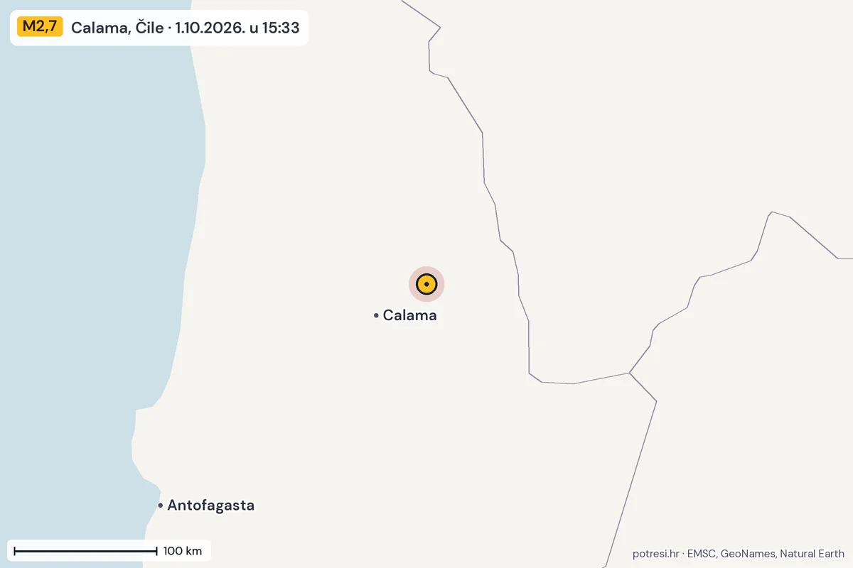 Karta: šire područje, 600 km, potres M2,7, Calama, Čile, 1.10.2026.