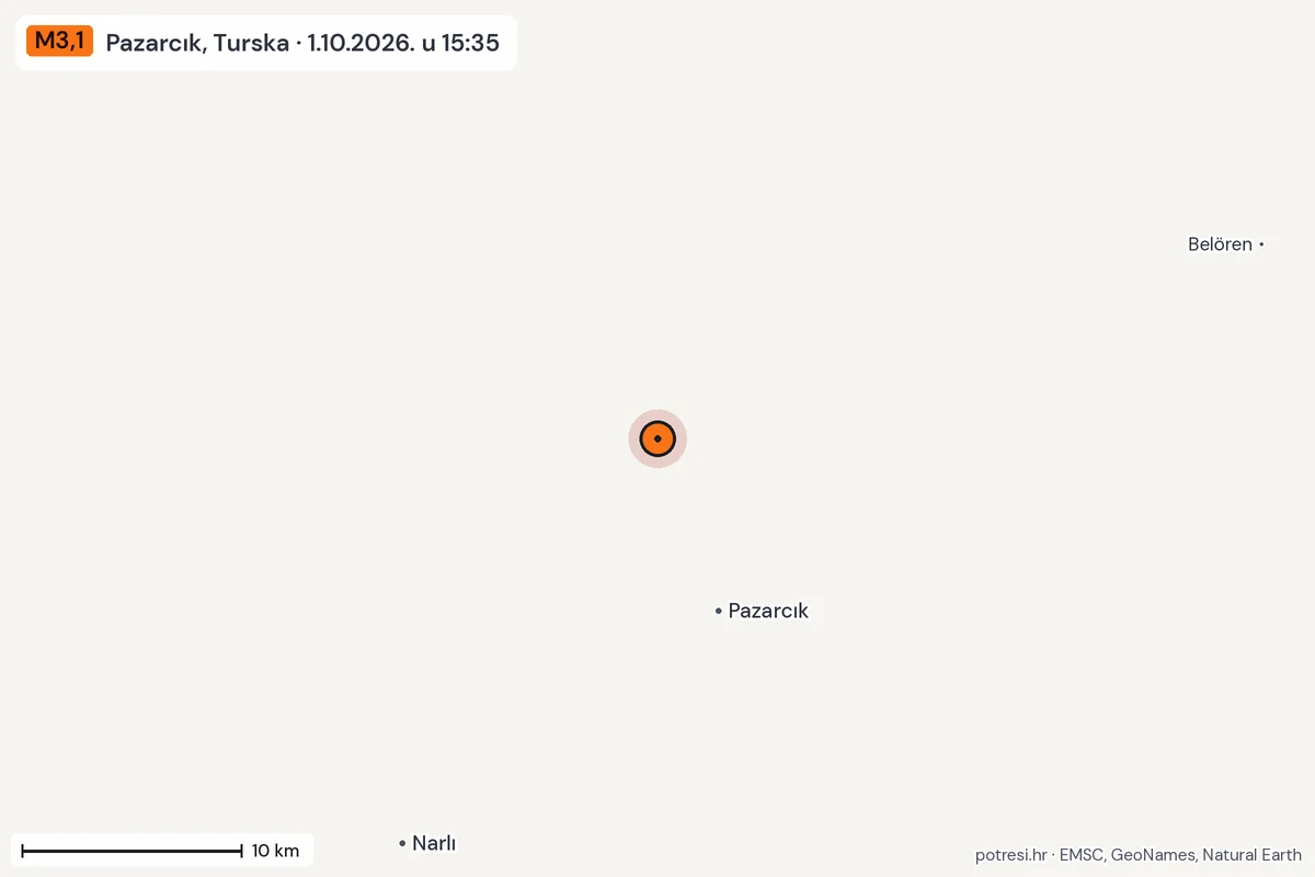 Karta: okolica epicentra, 60 km, potres M3,1, Pazarcık, Turska, 1.10.2026.