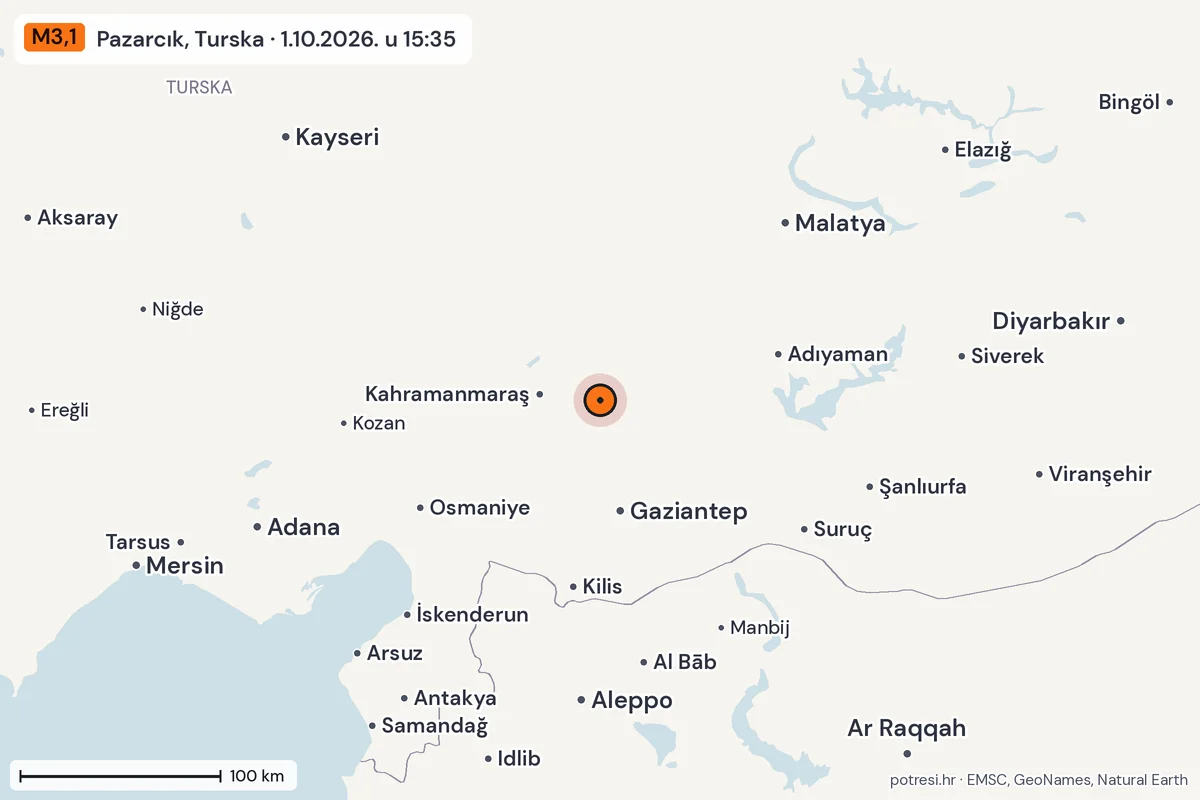 Karta: šire područje, 600 km, potres M3,1, Pazarcık, Turska, 1.10.2026.