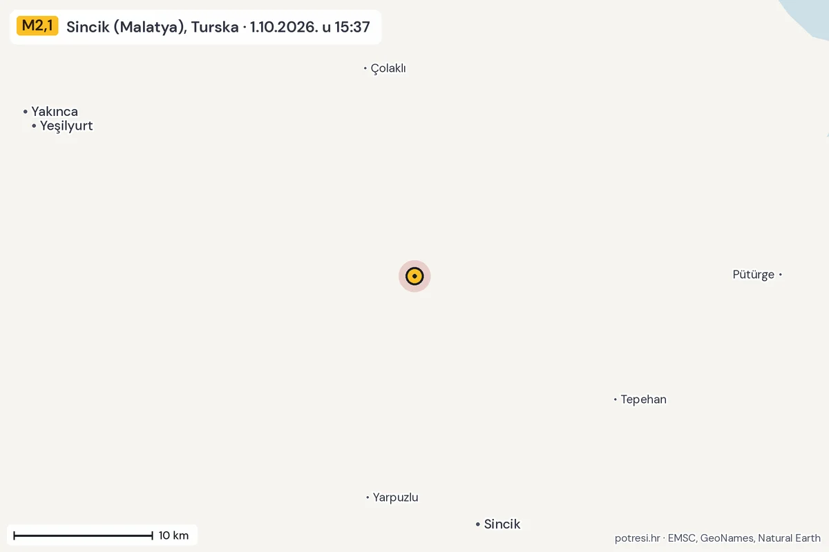 Karta: okolica epicentra, 60 km, potres M2,1, Sincik (Malatya), Turska, 1.10.2026.