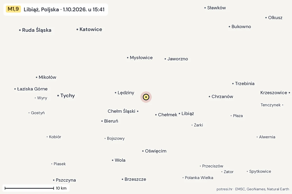 Karta: okolica epicentra, 60 km, potres M1,9, Libiąż, Poljska, 1.10.2026.
