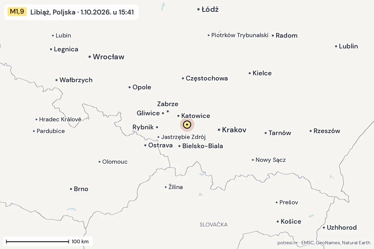 Karta: šire područje, 600 km, potres M1,9, Libiąż, Poljska, 1.10.2026.