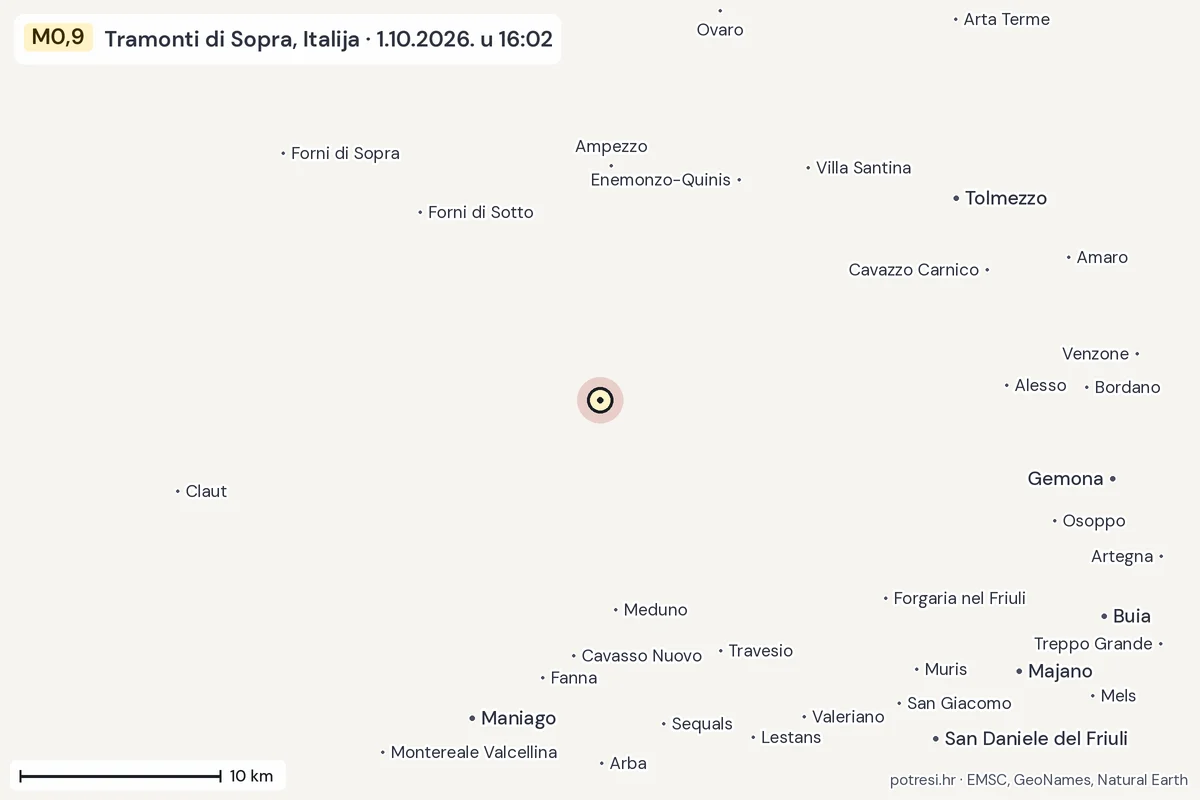 Karta: okolica epicentra, 60 km, potres M0,9, Tramonti di Sopra, Italija, 1.10.2026.