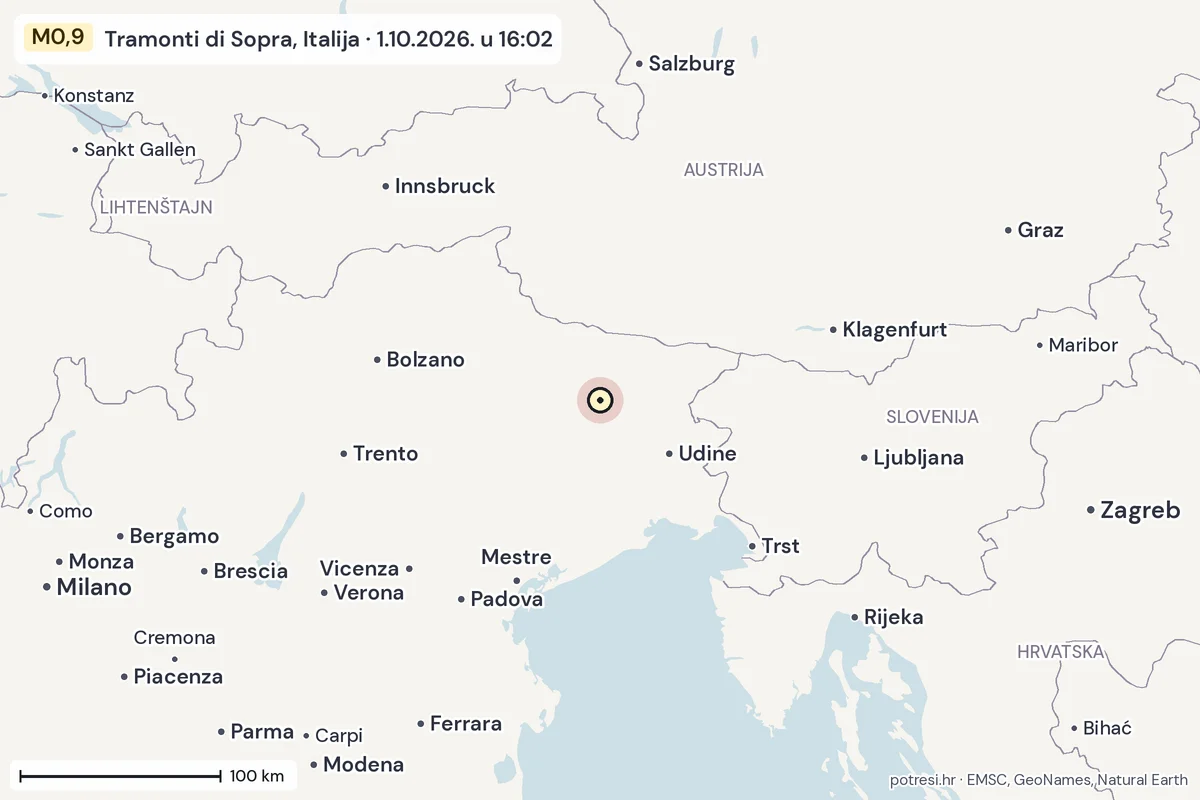 Karta: šire područje, 600 km, potres M0,9, Tramonti di Sopra, Italija, 1.10.2026.