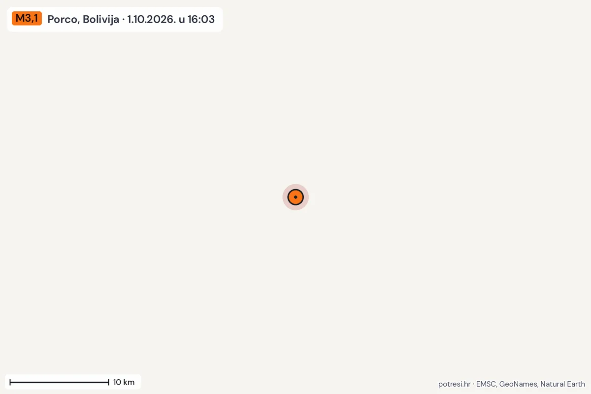 Karta: okolica epicentra, 60 km, potres M3,1, Porco, Bolivija, 1.10.2026.