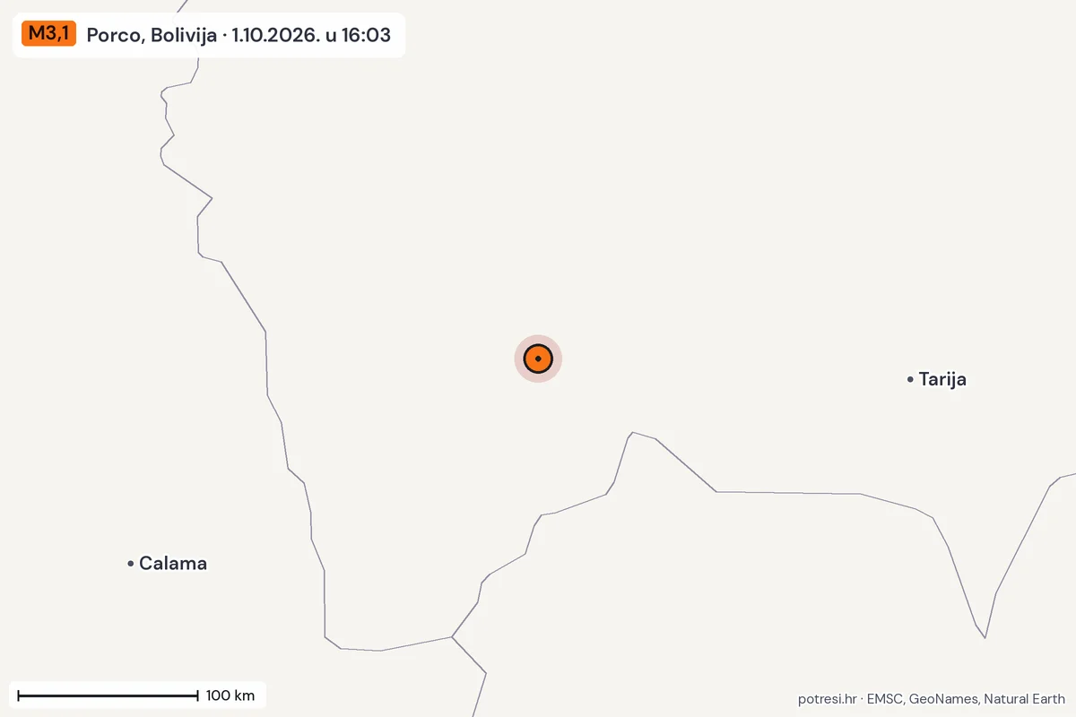 Karta: šire područje, 600 km, potres M3,1, Porco, Bolivija, 1.10.2026.
