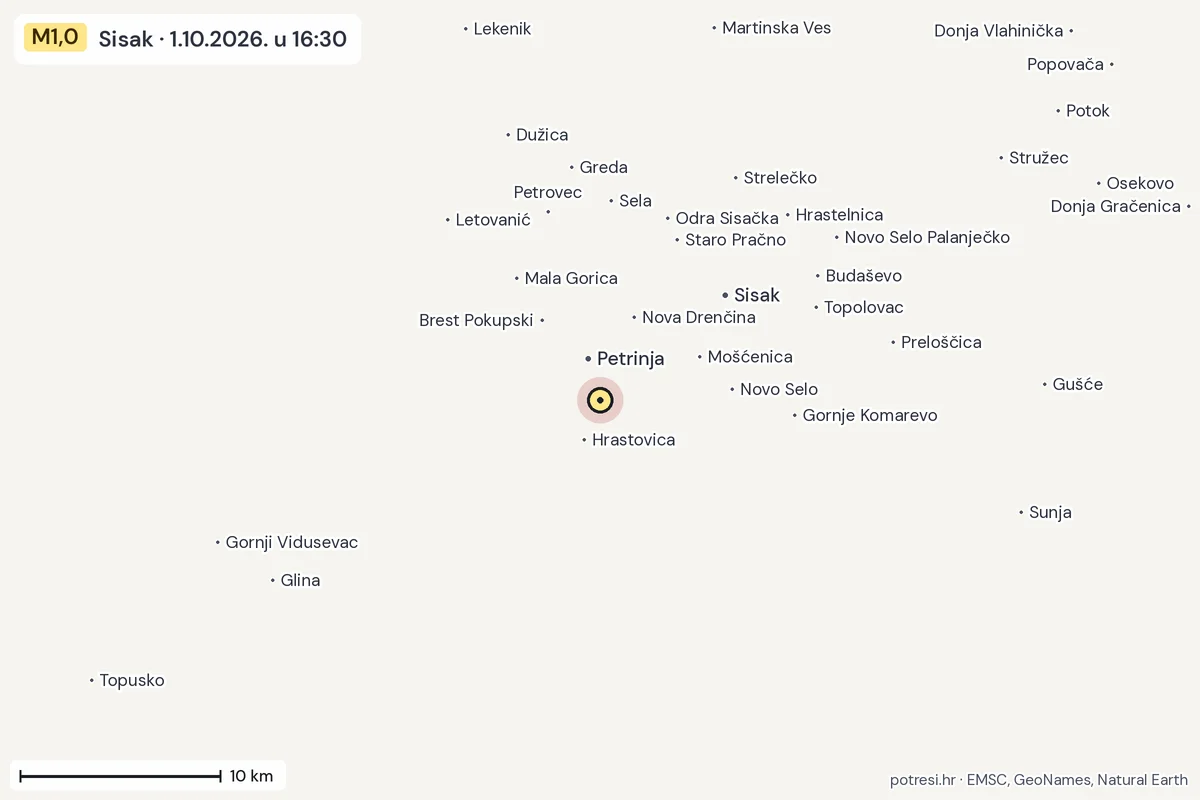 Karta: okolica epicentra, 60 km, potres M1,0, Sisak, 1.10.2026.