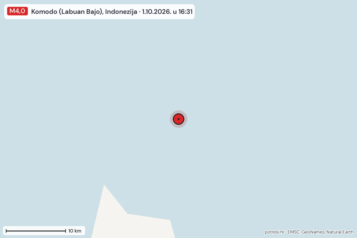 Karta: okolica epicentra, 60 km, potres M4,0, Komodo (Labuan Bajo), Indonezija, 1.10.2026.