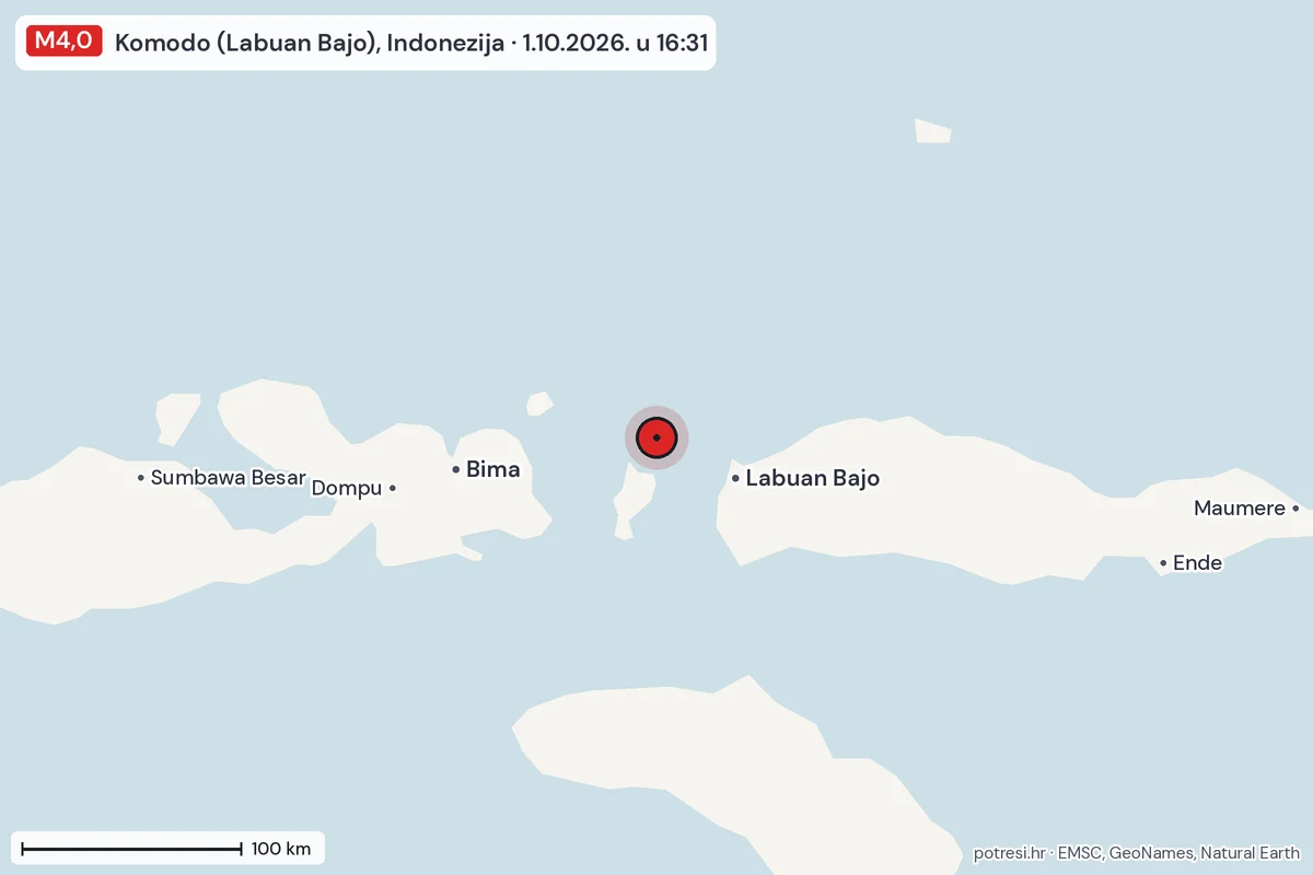 Karta: šire područje, 600 km, potres M4,0, Komodo (Labuan Bajo), Indonezija, 1.10.2026.