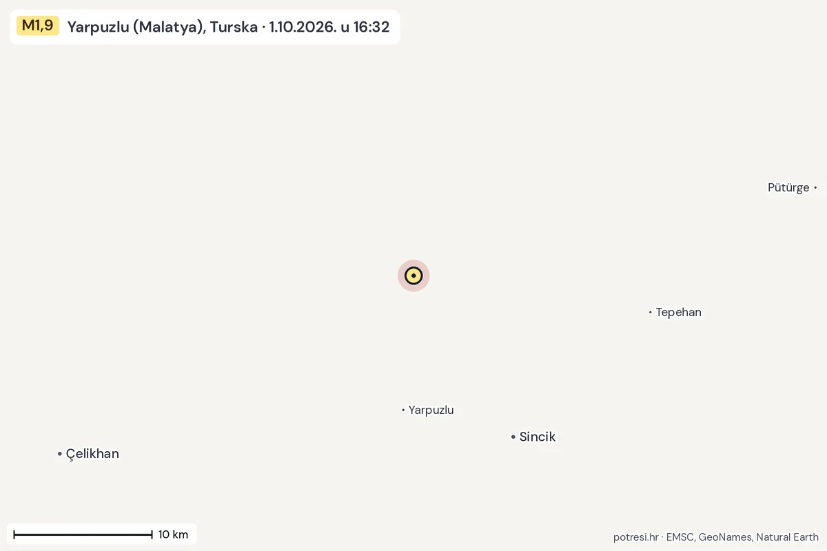 Karta: okolica epicentra, 60 km, potres M1,9, Yarpuzlu (Malatya), Turska, 1.10.2026.