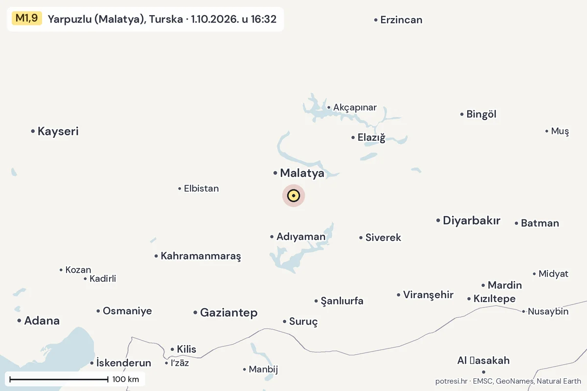 Karta: šire područje, 600 km, potres M1,9, Yarpuzlu (Malatya), Turska, 1.10.2026.