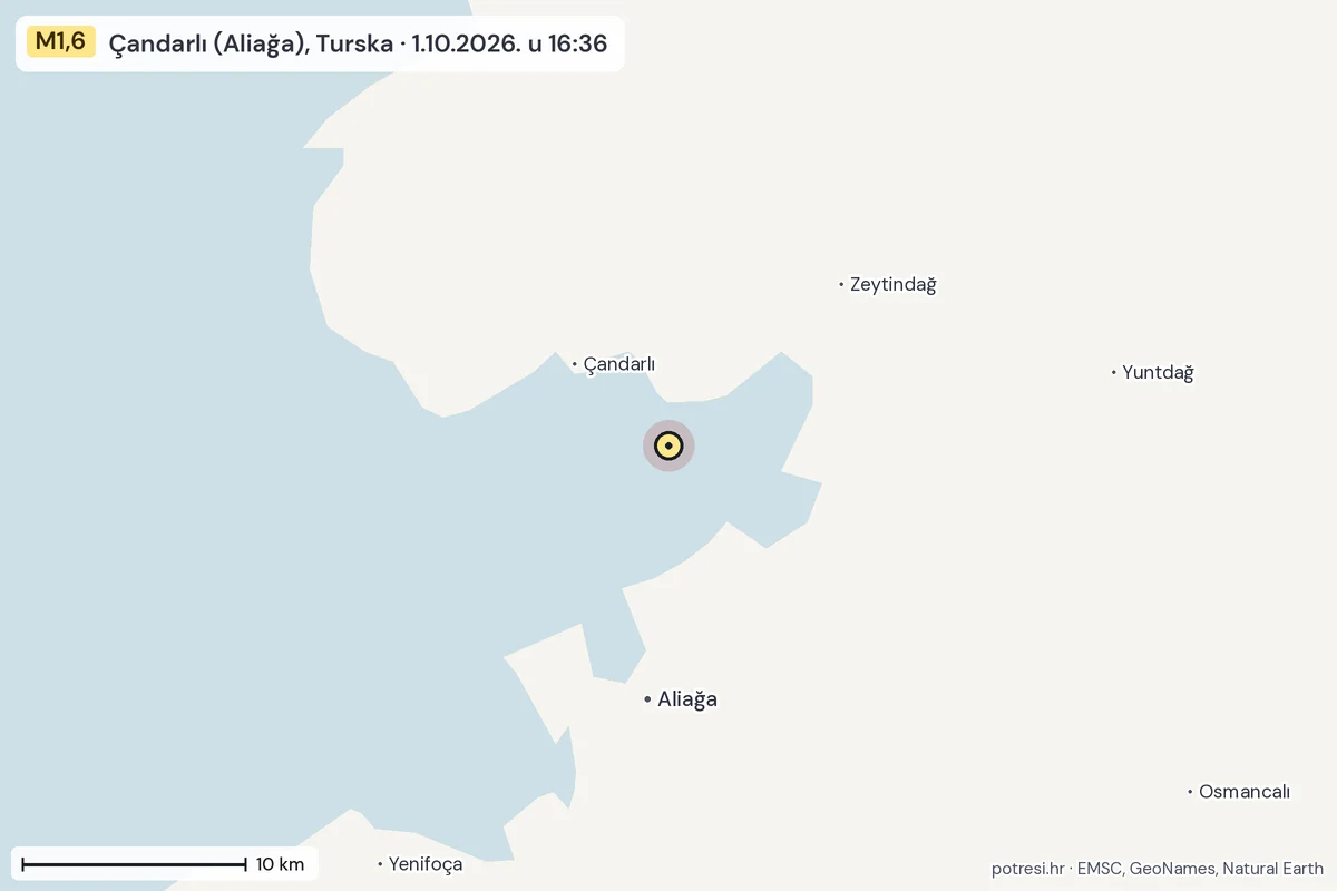 Karta: okolica epicentra, 60 km, potres M1,6, Çandarlı (Aliağa), Turska, 1.10.2026.