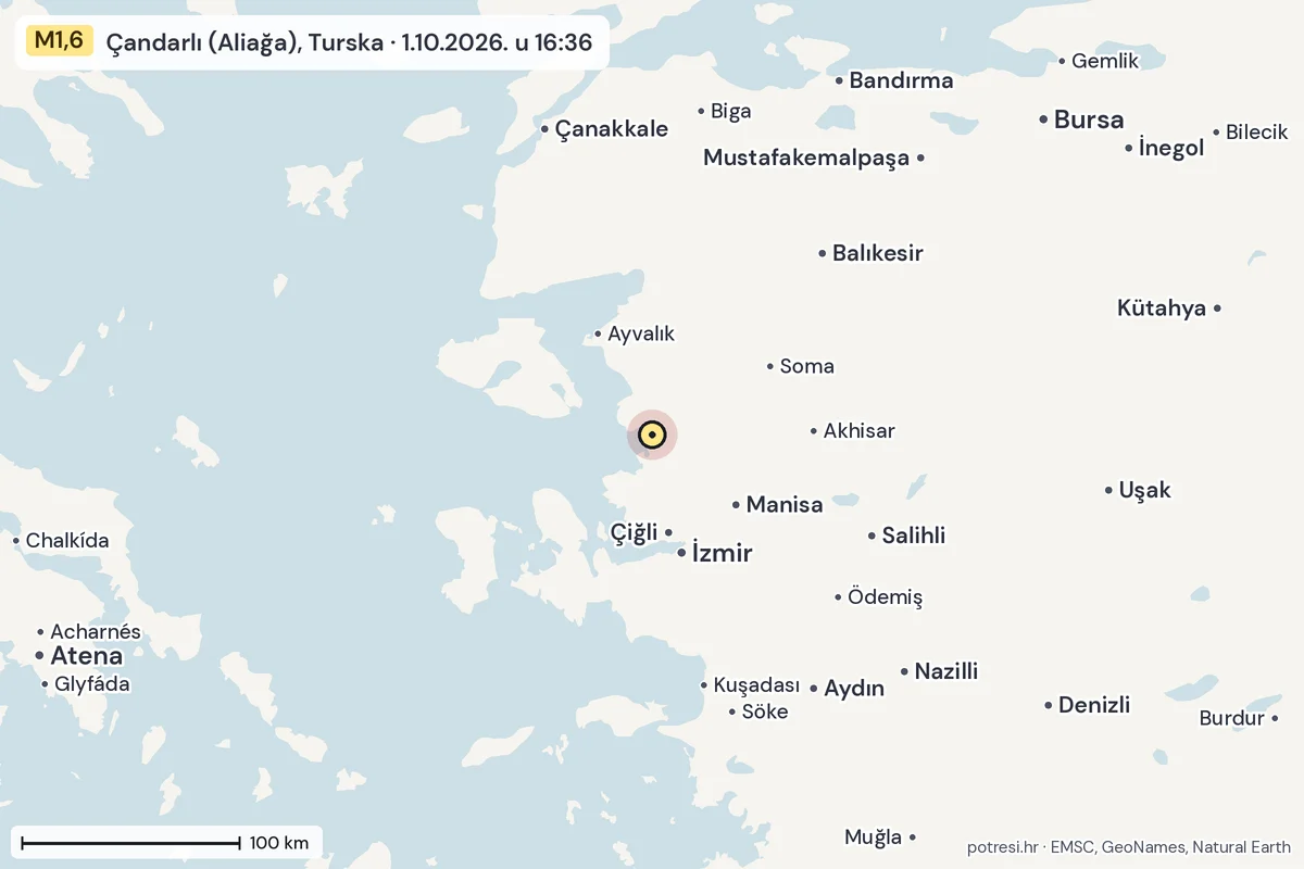 Karta: šire područje, 600 km, potres M1,6, Çandarlı (Aliağa), Turska, 1.10.2026.