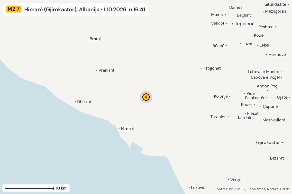 Karta: okolica epicentra, 60 km, potres M2,7, Himarë (Gjirokastër), Albanija, 1.10.2026.
