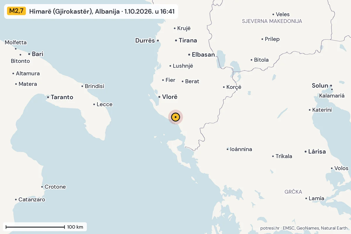 Karta: šire područje, 600 km, potres M2,7, Himarë (Gjirokastër), Albanija, 1.10.2026.