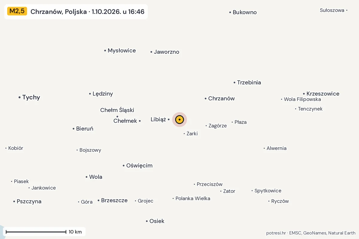 Karta: okolica epicentra, 60 km, potres M2,5, Chrzanów, Poljska, 1.10.2026.