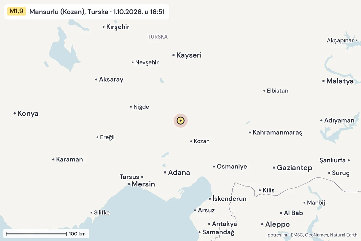 Karta: šire područje, 600 km, potres M1,9, Mansurlu (Kozan), Turska, 1.10.2026.