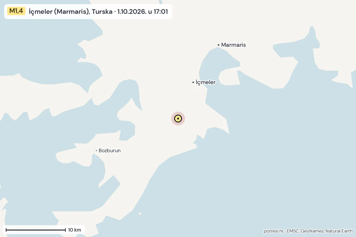 Karta: okolica epicentra, 60 km, potres M1,4, İçmeler (Marmaris), Turska, 1.10.2026.