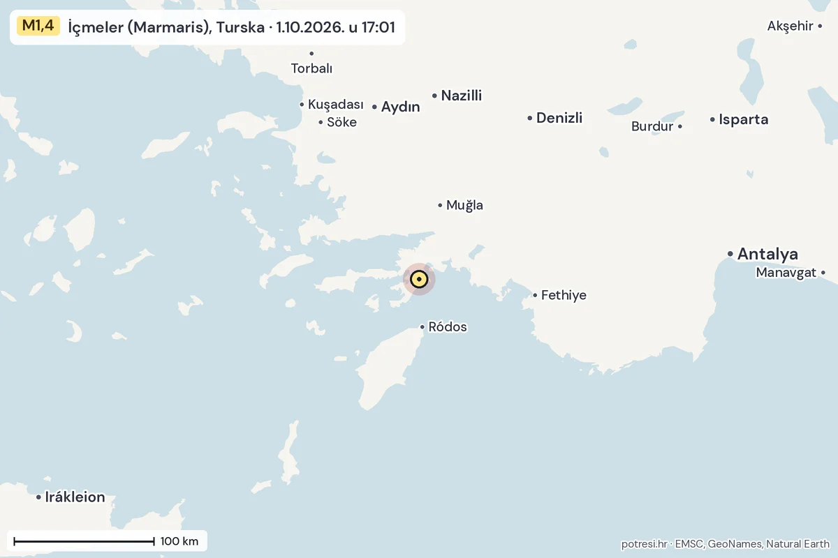Karta: šire područje, 600 km, potres M1,4, İçmeler (Marmaris), Turska, 1.10.2026.