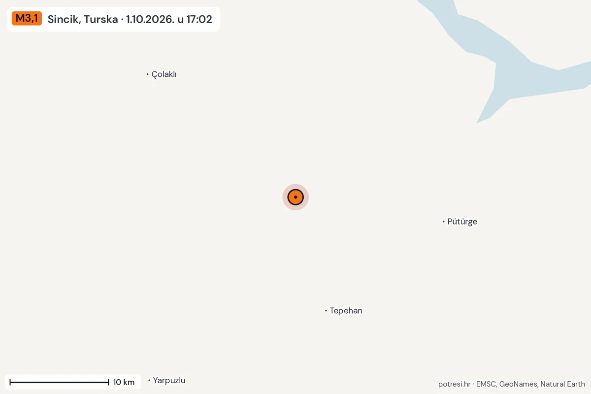 Karta: okolica epicentra, 60 km, potres M3,1, Sincik, Turska, 1.10.2026.