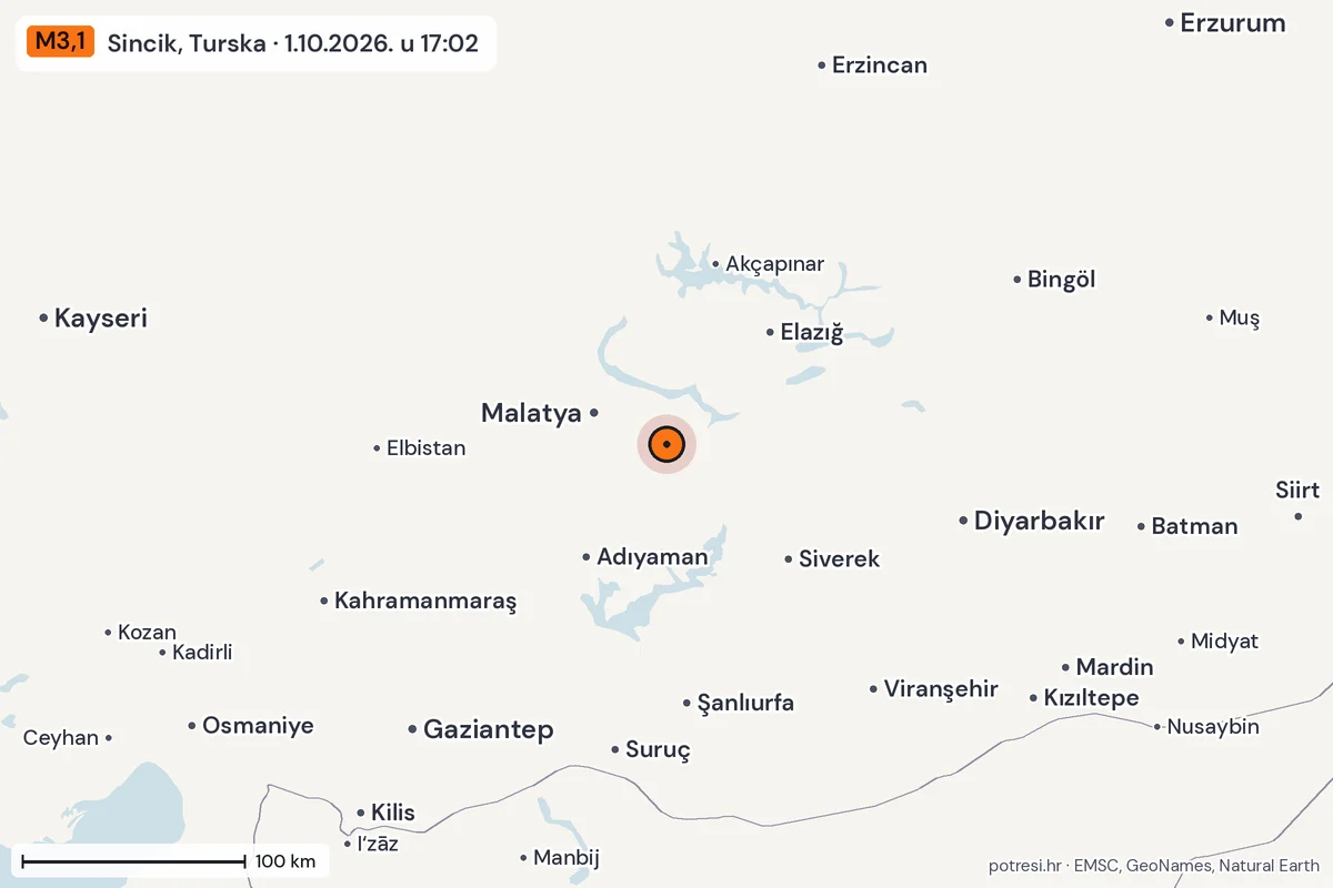 Karta: šire područje, 600 km, potres M3,1, Sincik, Turska, 1.10.2026.