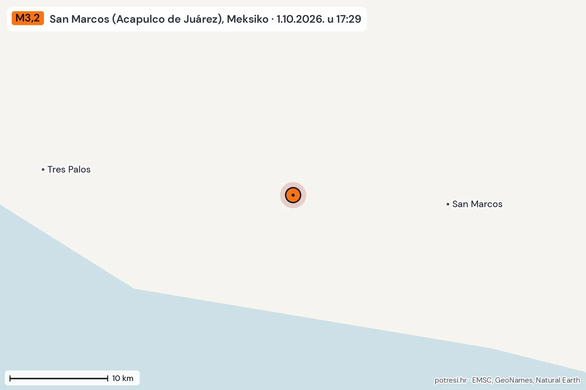 Karta: okolica epicentra, 60 km, potres M3,2, San Marcos (Acapulco de Juárez), Meksiko, 1.10.2026.