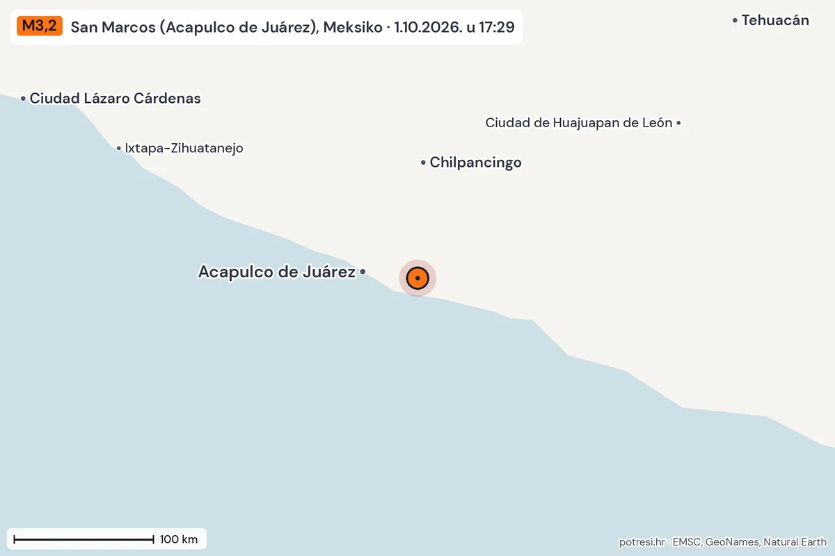 Karta: šire područje, 600 km, potres M3,2, San Marcos (Acapulco de Juárez), Meksiko, 1.10.2026.