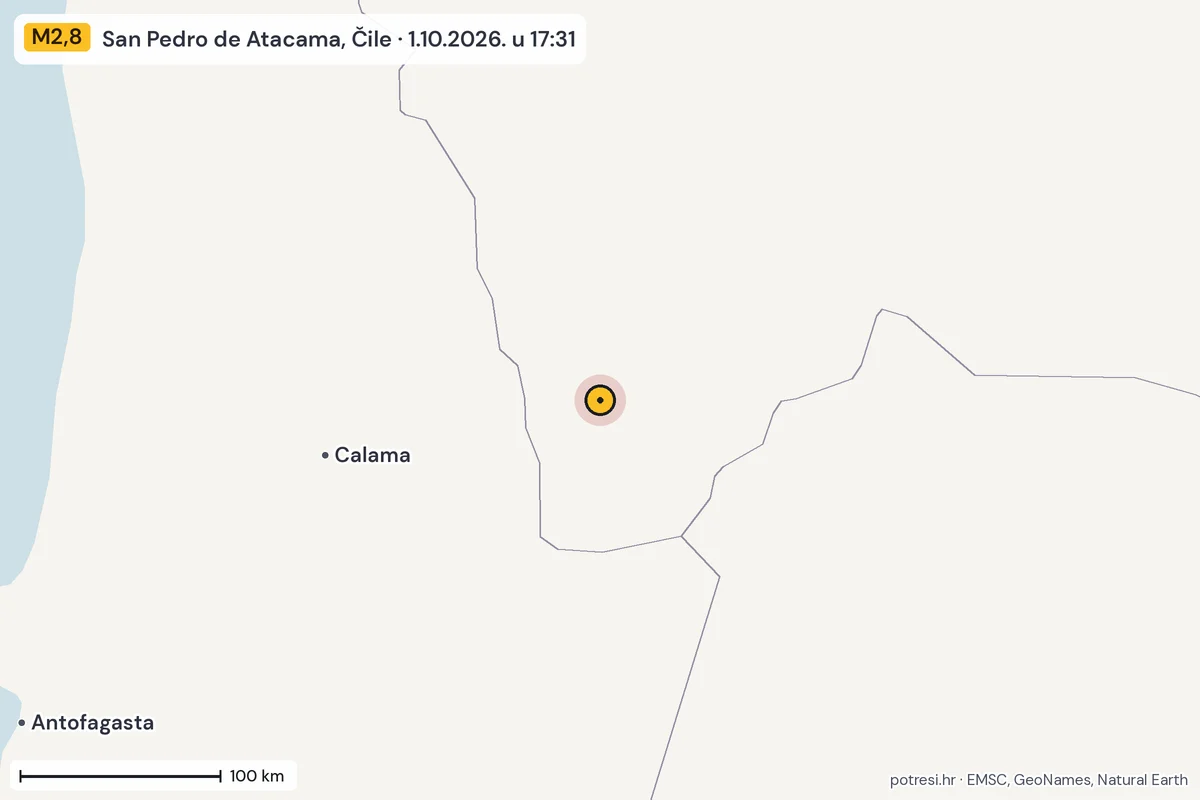 Karta: šire područje, 600 km, potres M2,8, San Pedro de Atacama, Čile, 1.10.2026.