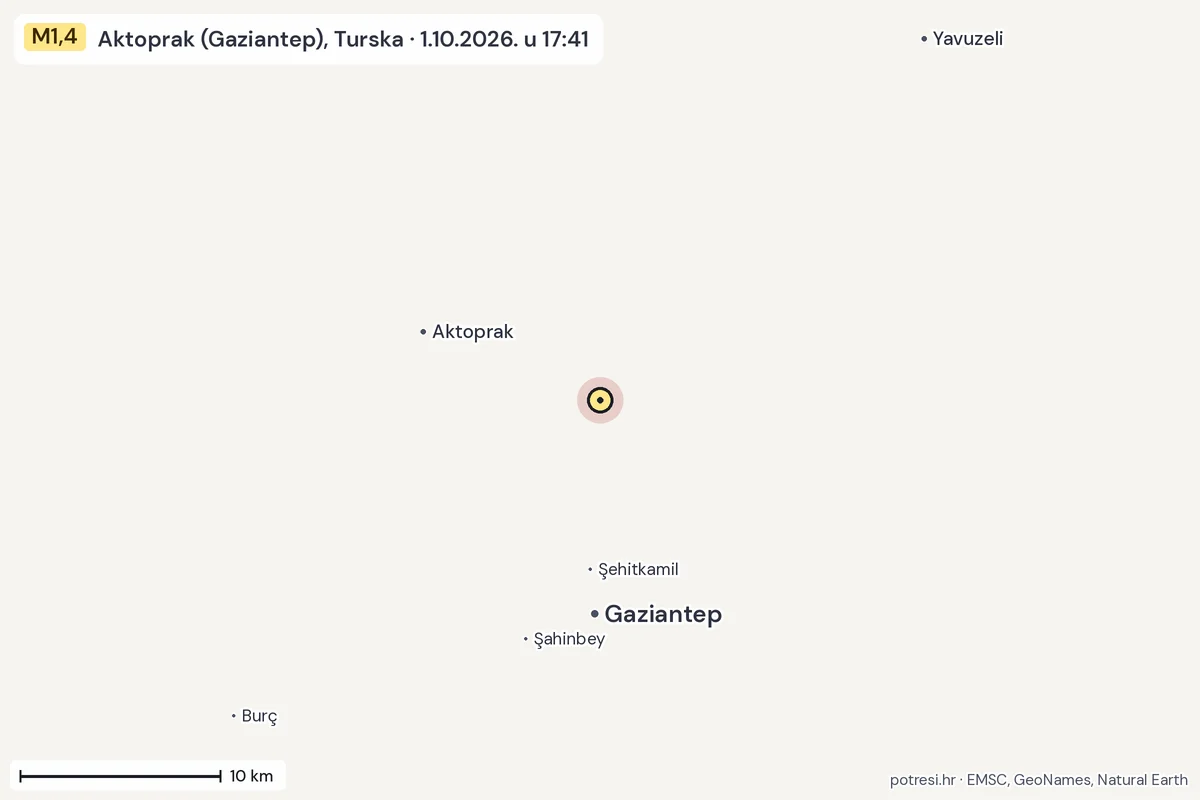 Karta: okolica epicentra, 60 km, potres M1,4, Aktoprak (Gaziantep), Turska, 1.10.2026.