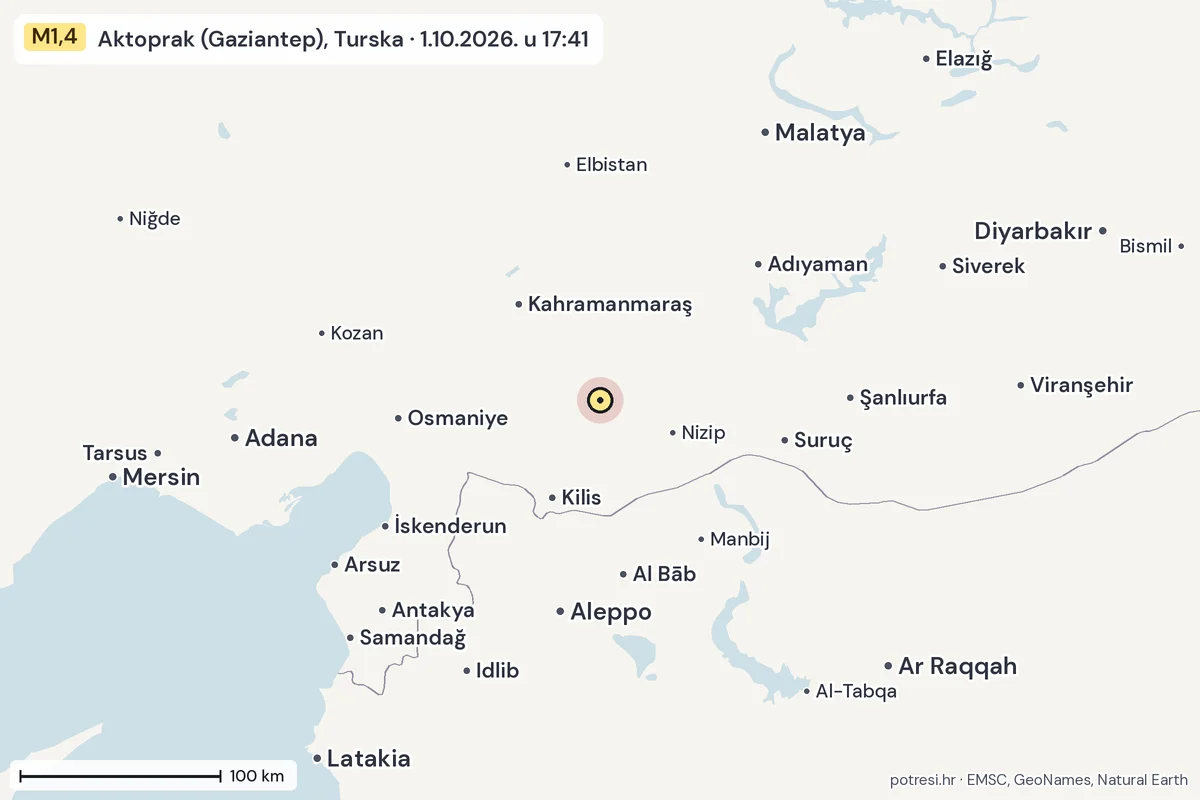 Karta: šire područje, 600 km, potres M1,4, Aktoprak (Gaziantep), Turska, 1.10.2026.